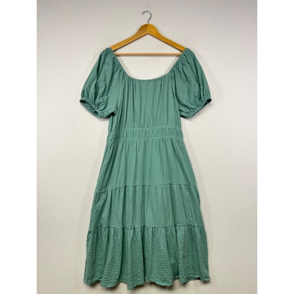 Cottagecore Destination 365 Womens MP Green Textured Puff Sleeve Tiered Dress - Picture 2 of 11
